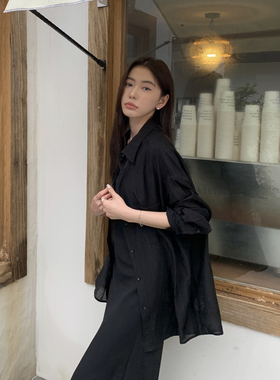 Halo Luu黑色防晒衬衫女夏季薄款开衫宽松高级感天丝长袖衬衣外套