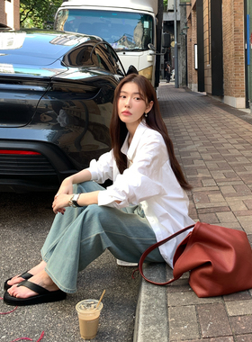 Halo Luu白色衬衫女春季新款韩系高级感宽松慵懒外套纯棉长袖衬衣