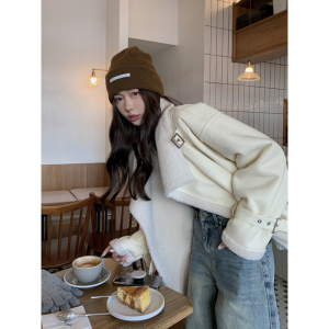 Halo Luu杏色皮毛一体外套女冬季2023新款韩系宽松加绒加厚机车服