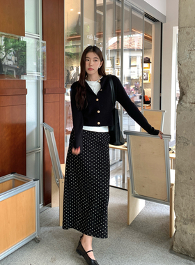 Halo Luu法式复古黑色波点半身裙女秋冬2025新款气质显瘦直筒长裙