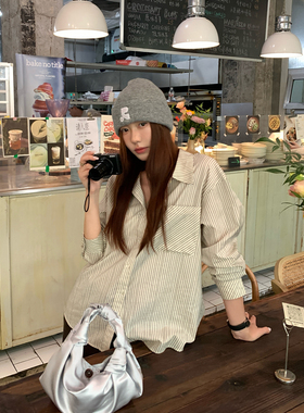 Halo Luu条纹衬衫女春季新款韩系上衣纯棉宽松慵懒风休闲长袖衬衣