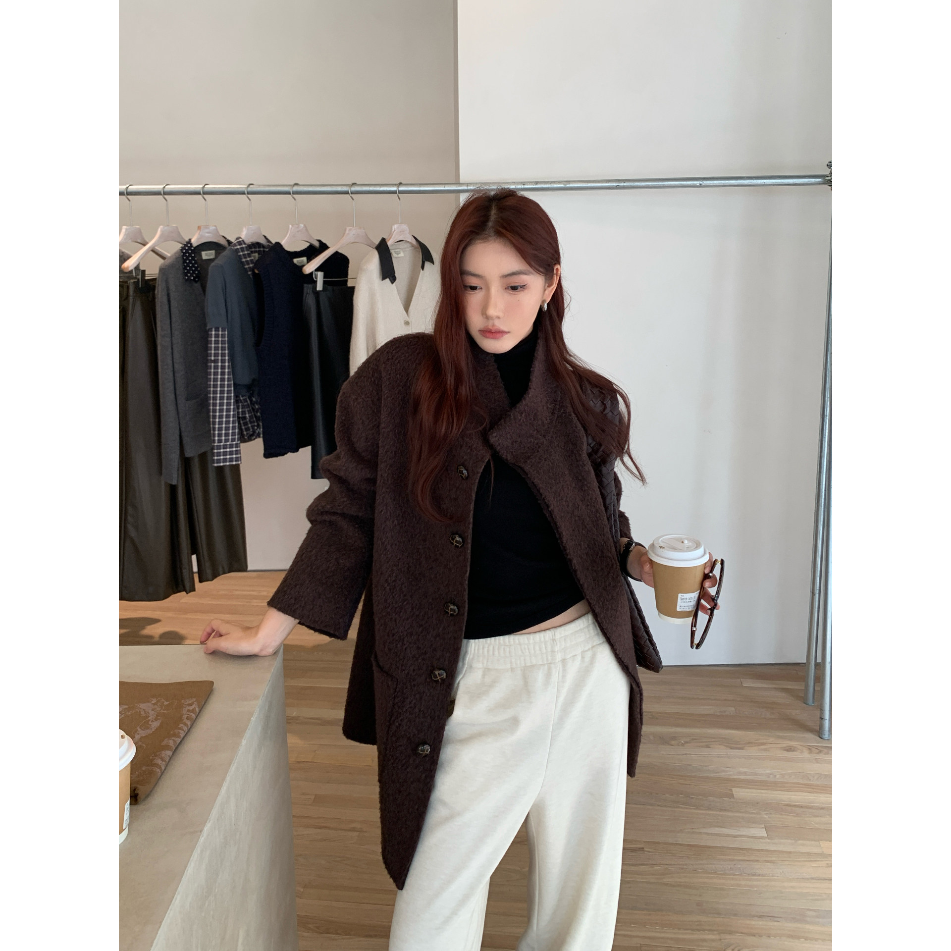 HaloLuu咖色毛呢外套女秋冬新款