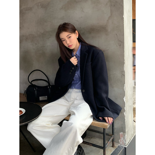 HaloLuu韩系藏蓝色毛呢西装外套