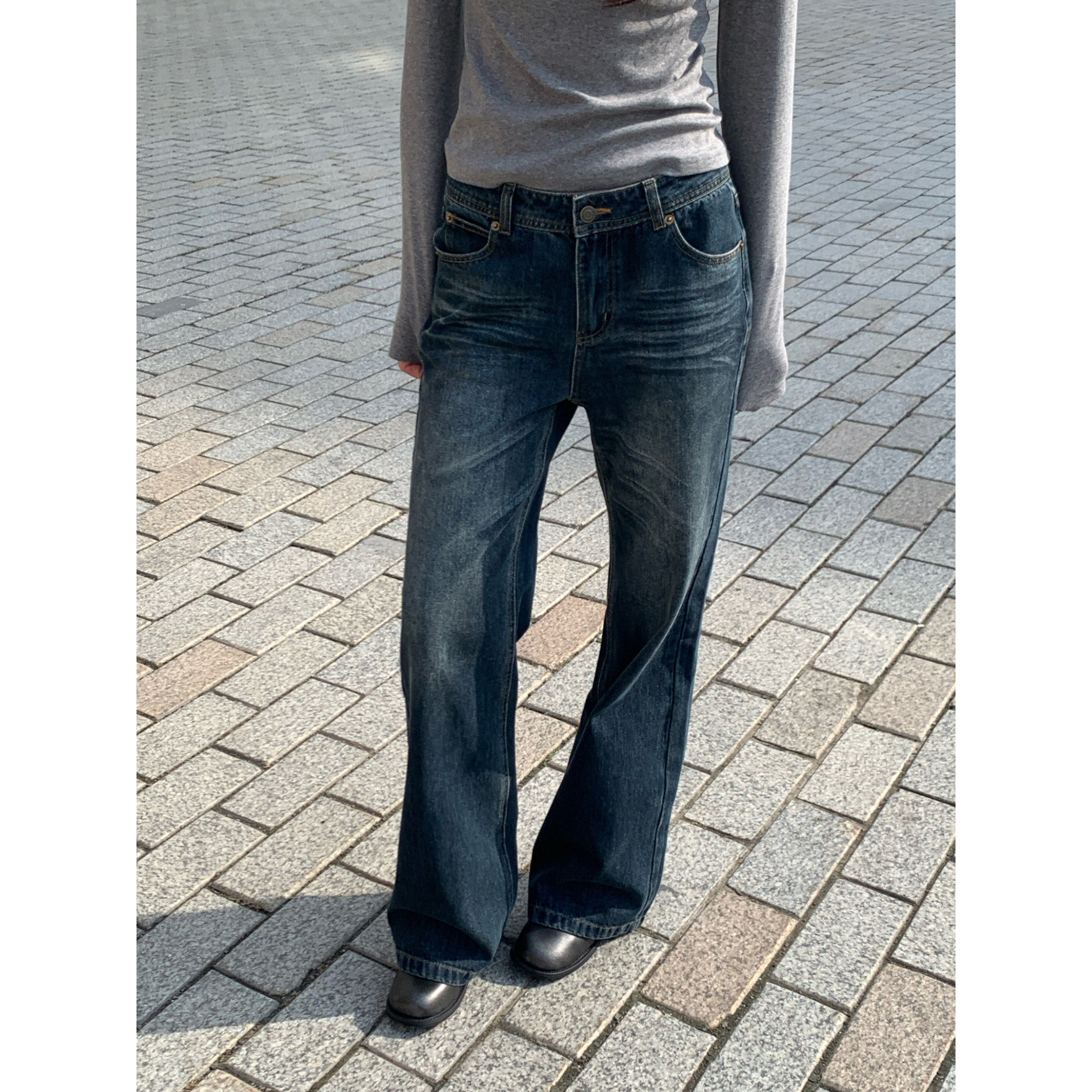 Halo Luu深蓝色直筒牛仔裤女秋季新款复古做旧休闲拖地阔腿裤长裤,女装/女士精品,牛仔裤,淘宝优惠券,粉丝福利购,淘宝优惠卷