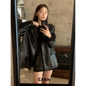 韩系气质宽松休闲高级感 2026新款 Halo Luu复古黑色皮衣外套女西装