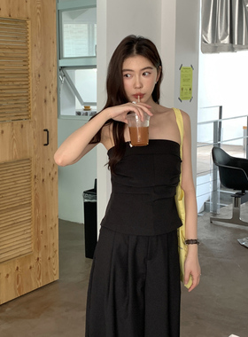 Halo Luu法式纯欲风黑色抹胸上衣女夏季气质修身无袖裹胸背心外穿