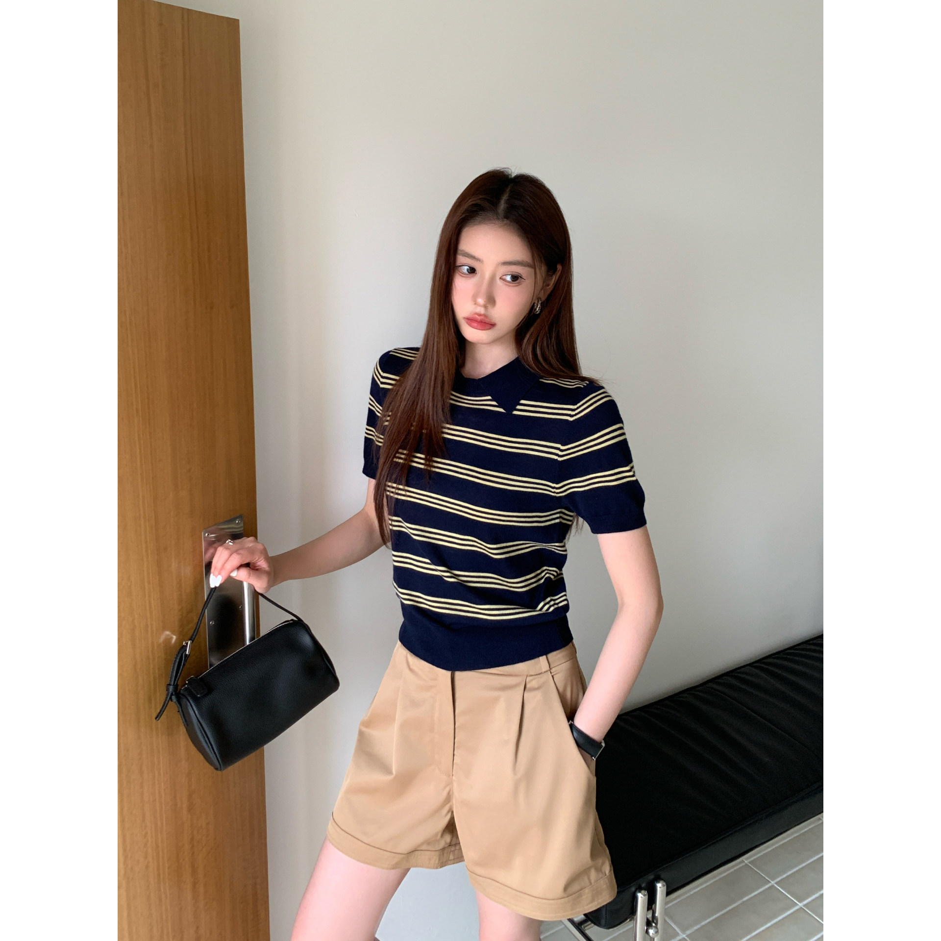 Halo Luu藏青色miu系条纹polo衫女t恤夏季针织短袖正肩老钱风上衣 - 实物图