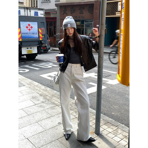 HaloLuu窄版白色直筒牛仔裤