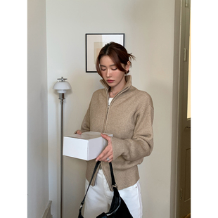 新款 Halo 女2026春季 卡其色针织开衫 双拉链翻领毛衣高领外套 Luu