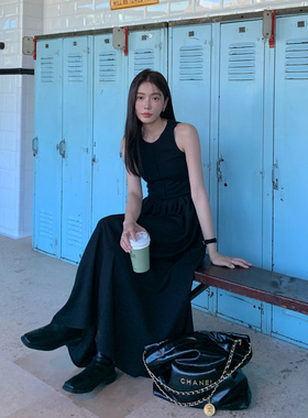 Halo Luu 高级感黑色背心连衣裙女春夏新款法式气质收腰显瘦长裙