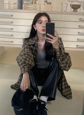 Halo Luu复古咖啡色格子衬衫女春季新款韩系上衣宽松慵懒休闲衬衣