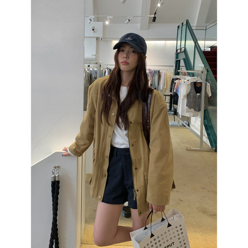 Halo Luu 韩系巴恩风外套女秋季2025新款复古宽松卡其色工装夹克