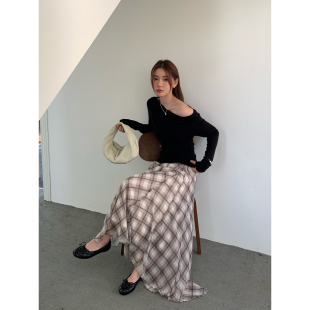 不规则格子长裙气质垂感裙子 咖色格纹半身裙女早春新款 Halo Luu