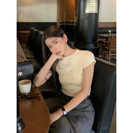 Halo Luu米白色设计感短袖针织衫女夏季薄款百搭气质修身天丝上衣