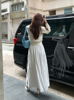 Halo Luu 白色半身裙女秋季新款高腰显瘦气质高级感a字蛋糕裙长裙