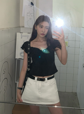 Halo Luu法式方领黑色泡泡袖短款上衣女夏蕾丝露肩短袖设计感小衫