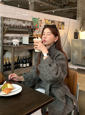 Halo Luu深灰色羊毛大衣女冬季2025新款加厚短款立领收腰毛呢外套