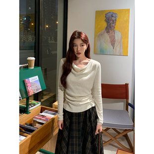 Halo Luu米白色荡领针织衫女春季新款收腰长袖上衣高智松弛感内搭