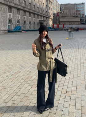 Halo Luu 深蓝色直筒牛仔裤女春秋2026新款宽松撞色复古阔腿长裤