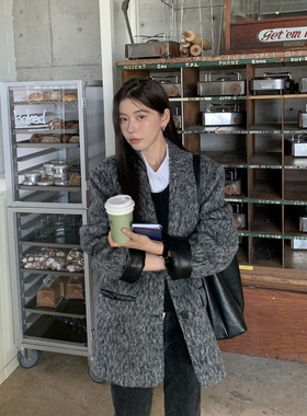 Halo Luu 杂灰色毛呢西装外套女冬季新款夹棉加厚高级感羊毛大衣