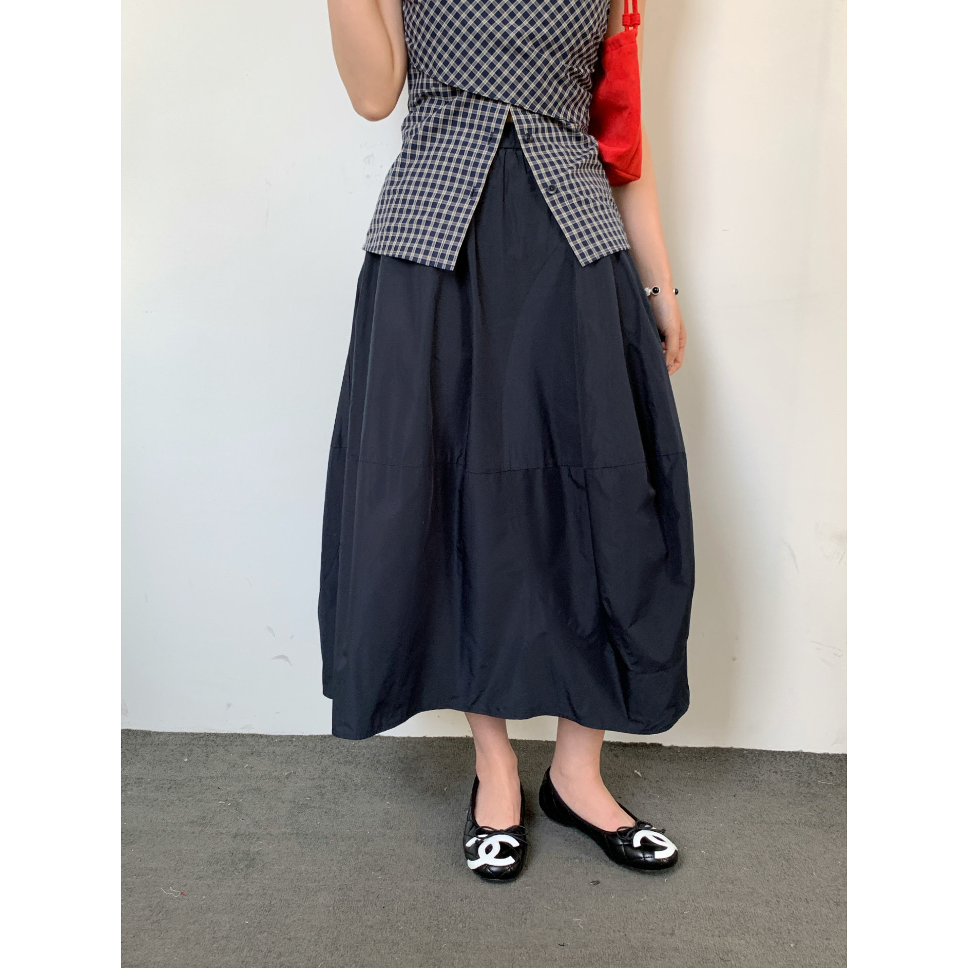 Halo Luu 藏青色花苞裙女夏季新款休闲蓬蓬半身裙显瘦中长款裙子