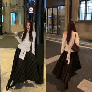 新款 棕色格子半身裙女春季 复古a字长裙复古显瘦毛呢裙子 Luu Halo