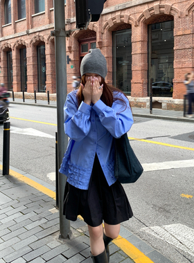 Halo Luu 法式蓝色衬衫女春季上衣抽皱木耳边设计感宽松长袖衬衣