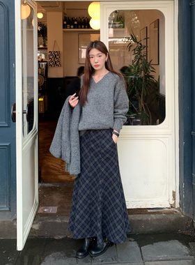 Halo Luu 蓝色格子磨毛半身裙女冬季2025新款裙子复古加厚a字长裙