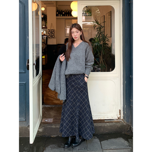 2026新款 蓝色格子磨毛半身裙女春季 裙子复古加厚a字长裙 Luu Halo