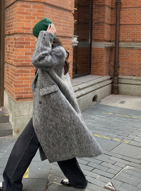 Halo Luu长毛马海毛灰色羊毛大衣女冬新款加厚高级感长款毛呢外套