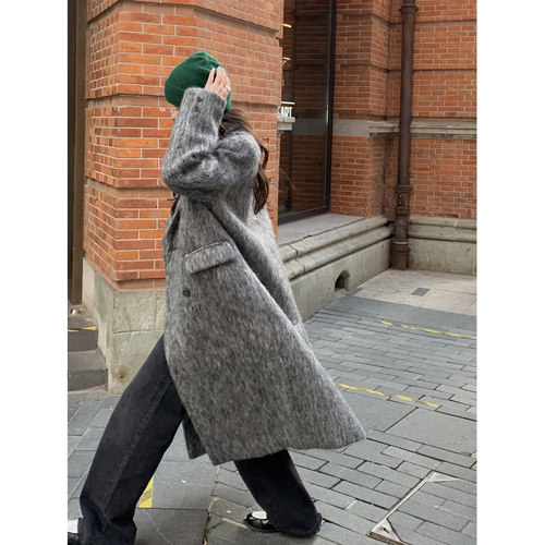 HaloLuu长毛马海毛灰色大衣