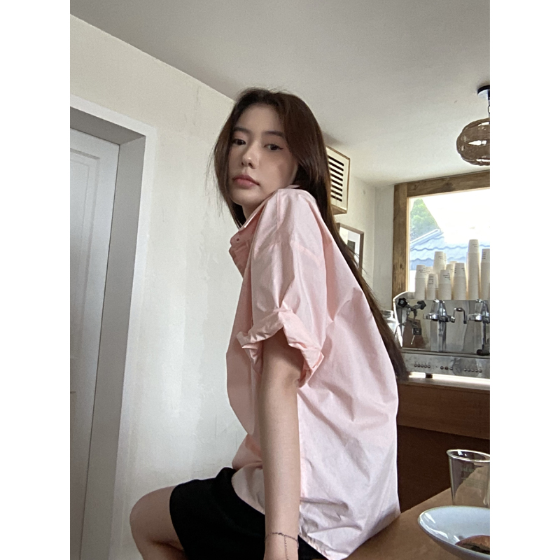Halo Luu粉色短袖衬衫女夏季韩系衬衣休闲薄款宽松显瘦设计感上衣