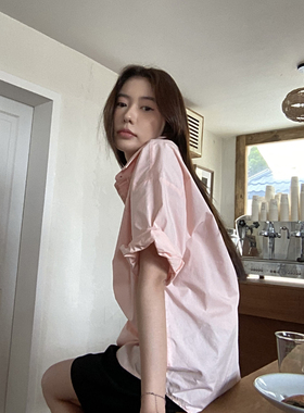 Halo Luu粉色短袖衬衫女夏季韩系上衣休闲薄款宽松显瘦设计感衬衣