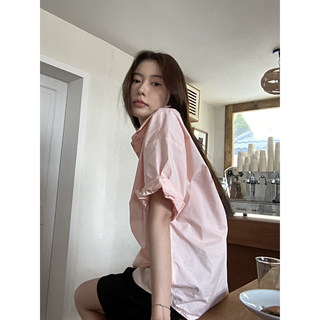 Halo Luu粉色衬衫女夏季新款韩系短袖衬衣薄款宽松显瘦设计感上衣