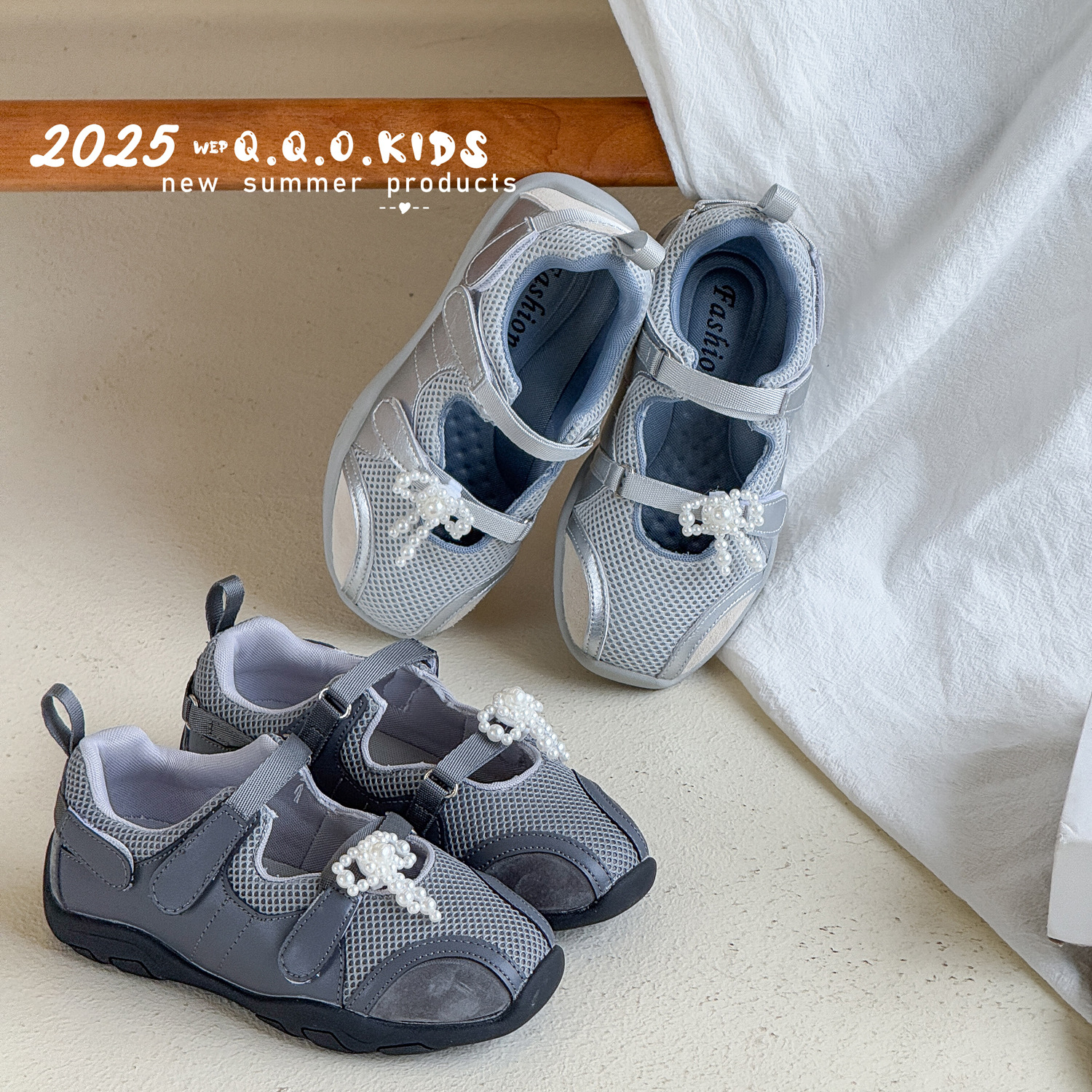2025早秋儿童珍珠蝴蝶结网面休闲鞋女童方口芭蕾德训鞋百搭单鞋