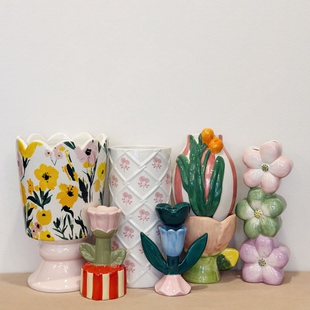 外贸出口 孤品 手绘  花朵系列 陶瓷花瓶 花盆 摆件 收纳 烛台