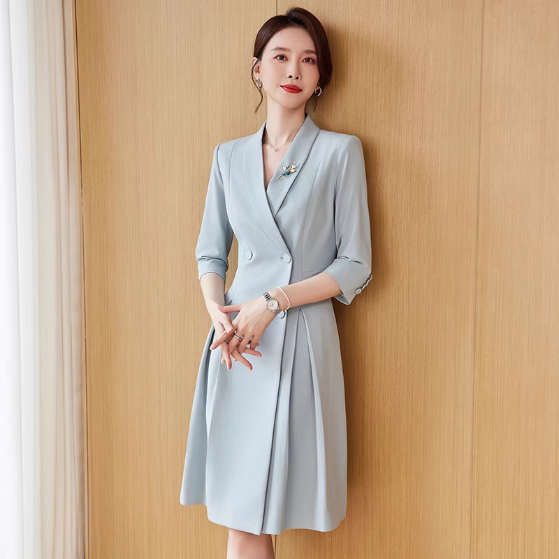 主持人西装连衣裙演讲服装女蓝色商务正装礼服时尚收腰显瘦西装