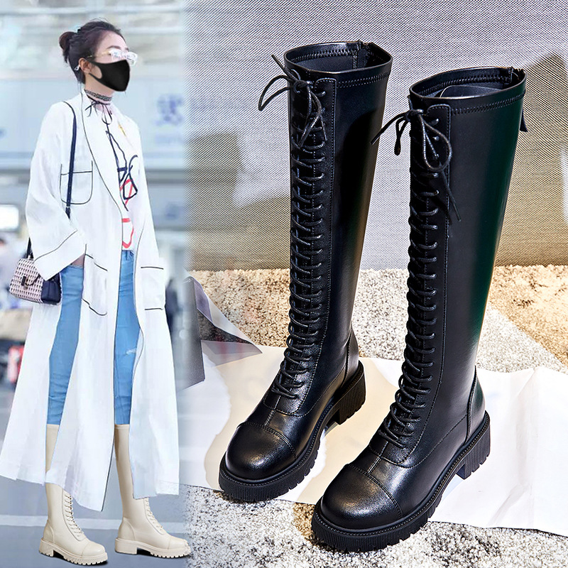 骑士靴女秋冬2025新款高筒休闲真皮长筒靴女英伦风粗跟加绒鞋子