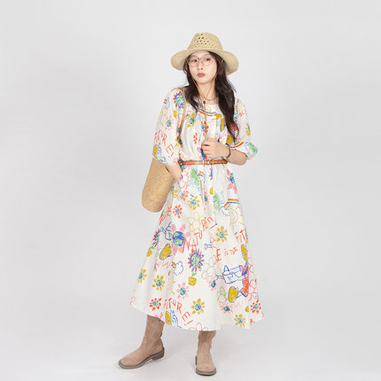 NORTHAGE夏季新品缤纷洋溢卡通印花慵懒怪诞娃娃领宽松连衣裙少女