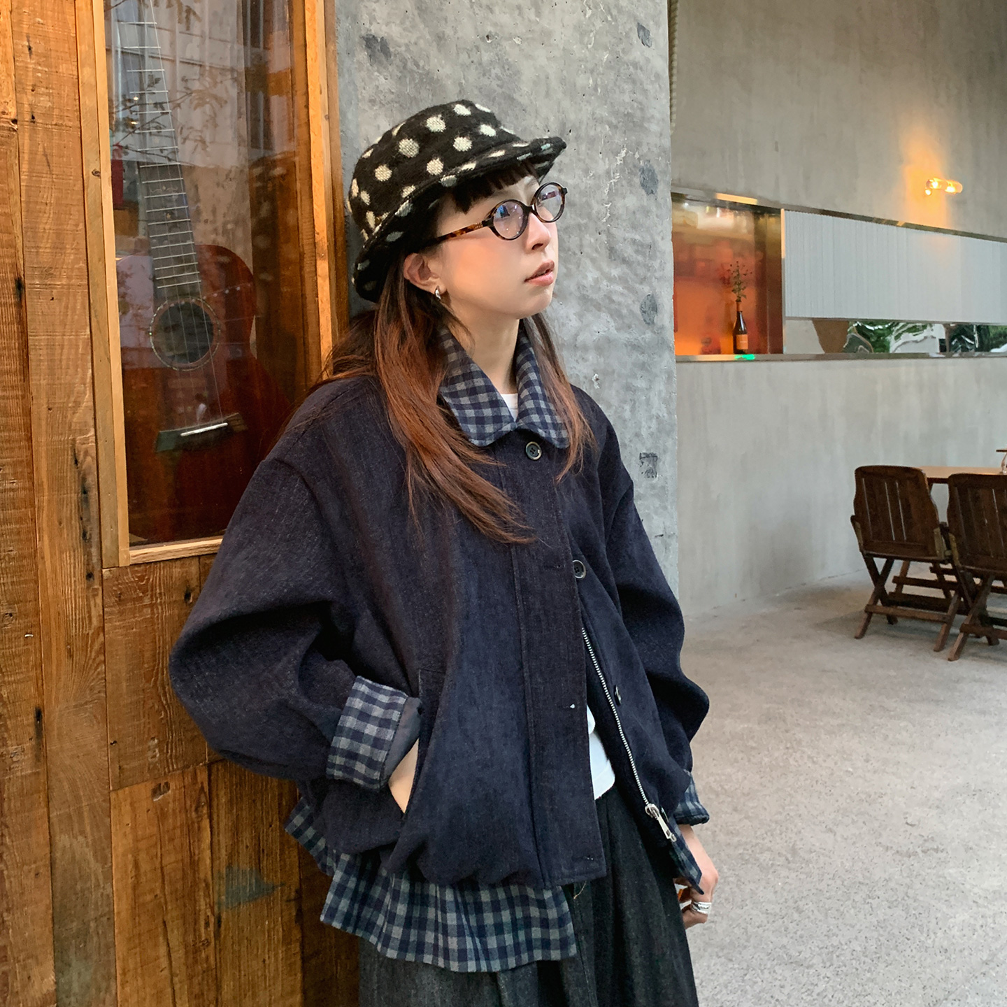 NORTHAGE藏青色休闲格子拼色夹克