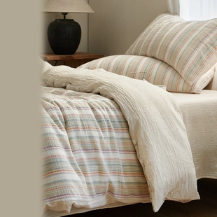 多色混纺 高级感A类全棉四件套人字斜简约条纹床品白色 非染色