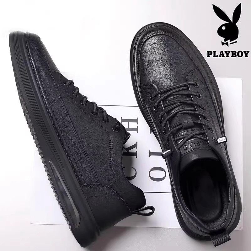 花花公子男鞋真皮休闲皮鞋黑色中跟软底百搭休闲板鞋男士男款鞋子