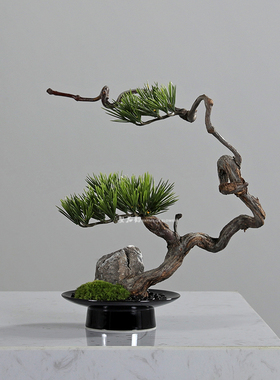新中式日式禅意仿真迎客松绿植盆景玄关花架茶几茶室样板间售楼处