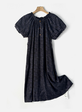 VK夏新款一字肩短袖碎花薄上衣宽松显瘦遮肉100%亚麻连衣裙N2111