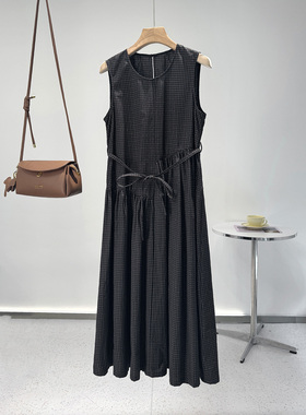 VK宽松优雅圆领休闲百搭显瘦减龄100%棉无袖格子连衣裙长裙N2305