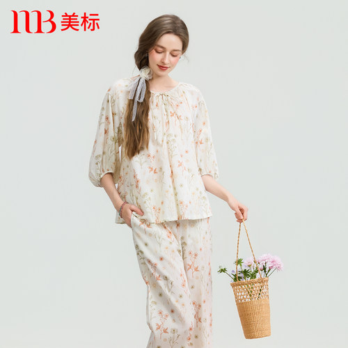 美标女梭织贡缎印花纯棉睡衣套装