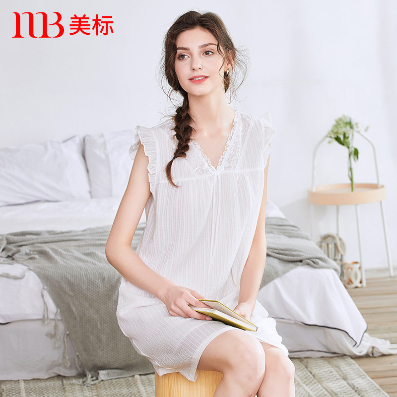 美标夏季女士无袖薄款纯棉睡裙可外穿宫廷风公主连衣裙全棉家居服