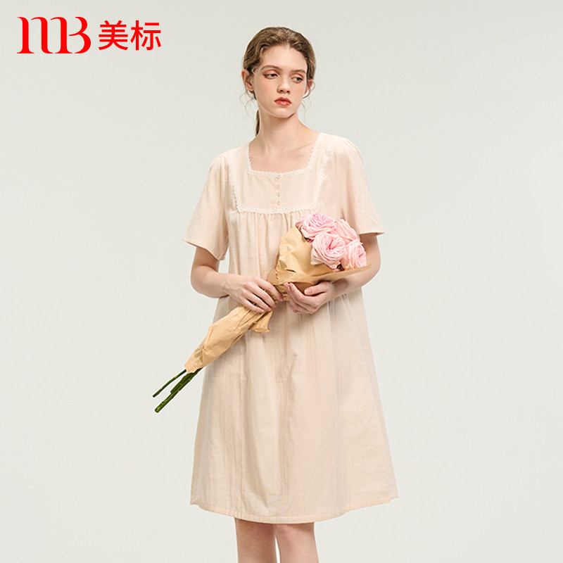 美标双层棉纱甜美短袖纯棉睡裙图片