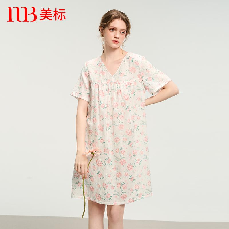 美标春夏女双层棉纱印花短袖裙