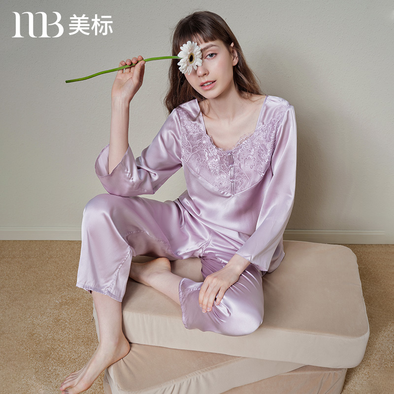 美标真丝睡衣两件套装女春秋100%桑蚕丝性感蕾丝丝绸薄款家居服夏